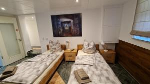 ein Zimmer mit zwei Betten und einem Gemälde an der Wand in der Unterkunft Handwerkerwohnung-Monteurunterkunft in Darmstadt