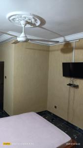 1 dormitorio con ventilador de techo y TV en STUDIO 2 Climatisé et Ventilateur Plafonnier et WIFI GRATUIT A 6 NUITEES DE RESERVATION en Lomé