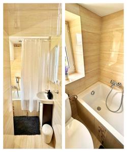 two pictures of a bathroom with a tub and a sink at Apartament Lewinek in Lewin Kłodzki