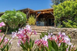 uma casa com flores cor-de-rosa em frente em Mare E Monti em Porto Pollo