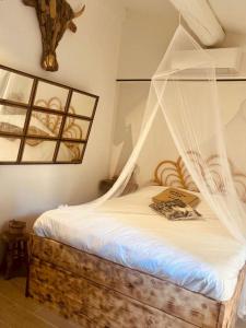 a bedroom with a bed with a net on it at Le cocon de sissy in Saintes-Maries-de-la-Mer