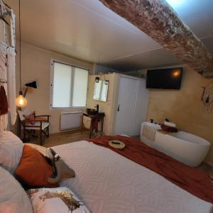 ein Schlafzimmer mit einem großen Bett und einer Badewanne in der Unterkunft Chambre d'hôtes Gard in Meynes