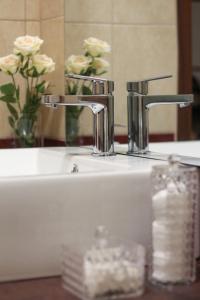 松博特海伊的住宿－S1 Apartman，浴室水槽配有水龙头和镜子内的鲜花