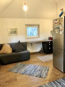 uma sala de estar com um sofá e um frigorífico em Heiniku Home em Elbiku