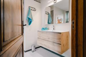 een badkamer met een wastafel en een spiegel bij BuitenGewoon Libeek in Sint Geertruid