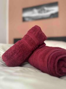uma toalha vermelha deitada em cima de uma cama em Newly renovated, quiet street central apartment with two bedrooms em Viena