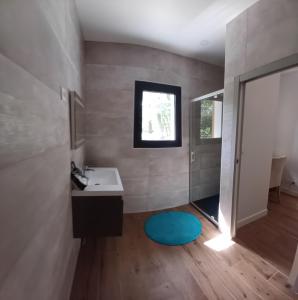 a bathroom with a sink and a blue rug at Magnifique villa avec piscine in Biscarrosse