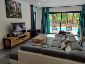 a living room with a couch and a tv at Magnifique villa avec piscine in Biscarrosse