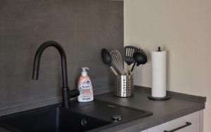 a kitchen sink with a bottle of dish detergent and utensils at Ferienwohnung am Rosenberg in Daun