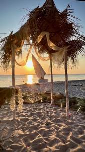 a beach with some straw umbrellas and the ocean at Três Sereias - 3 Mermaids in Govuro