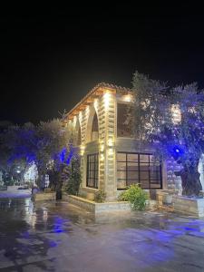 Una casa con luces azules encendidas por la noche en A cozy place with free parking and spacious garden, 