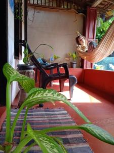 una mujer en una hamaca en una habitación con plantas en The Blues, en Alleppey