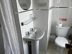a white bathroom with a toilet and a sink at Delton Hotel in Blackpool
