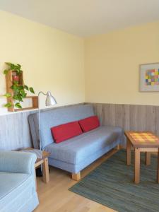 een woonkamer met een blauwe bank en 2 rode kussens bij Ferienhaus Keller in Lippertsreute