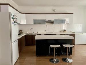 a white kitchen with a sink and a refrigerator at Spacious 140m2, 2 bedrooms apartment in Ulaanbaatar