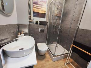 La salle de bains est pourvue d'une douche, d'un lavabo et de toilettes. dans l'établissement Centrum Miasta, à Stargard