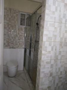 a bathroom with a shower and a toilet at Ark Royal of the Caribbean in Kingstown
