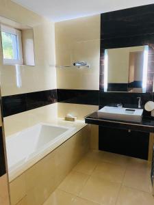 a bathroom with a bath tub and a sink at Psí bouda Benecko in Benecko +82 photos