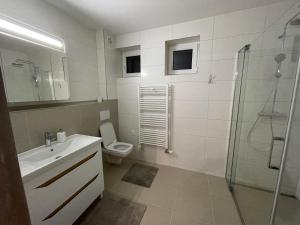 y baño con aseo, lavabo y ducha. en Apartmán Košice en Košice