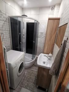 een badkamer met een wasmachine en een wastafel bij Pokoje Gościnne Stanisława Wyspiańskiego in Zielona Góra