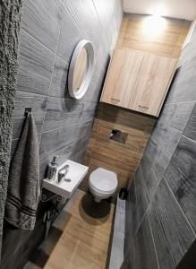a bathroom with a toilet and a sink and a mirror at Pokoje Gościnne Stanisława Wyspiańskiego in Zielona Góra