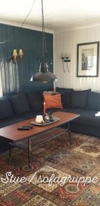 een woonkamer met een blauwe bank en een tafel bij Søberget in Stange