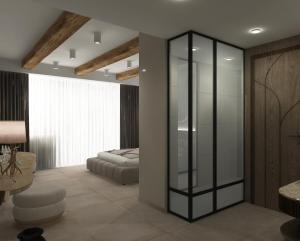 a bedroom with a glass closet and a bed at Alexandra Golden Boutique Hotel-Adults Only in Chrysi Ammoudia