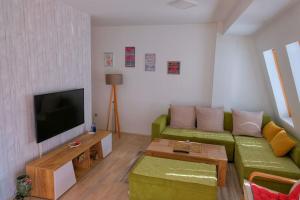 a living room with a green couch and a television at Cosy apartment in Kumanovo in Kumanovo