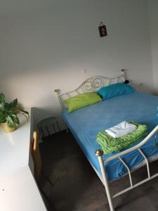 um quarto com uma cama com lençóis azuis e almofadas verdes em Apartma pri Renati em Celje