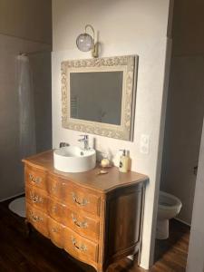 un bagno con lavandino e specchio su un comò di Appartement de caractère a Mirecourt