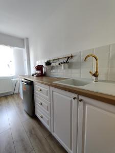 霍雷祖的住宿－Ania's Apartment，厨房配有白色橱柜、水槽和窗户。