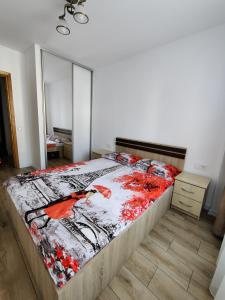 um quarto com uma cama grande num quarto em Ania's Apartment em Horezu