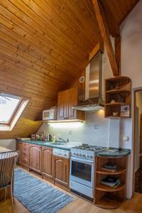 a kitchen with a stove and a wooden ceiling at Penzion Eva Krnov in Krnov