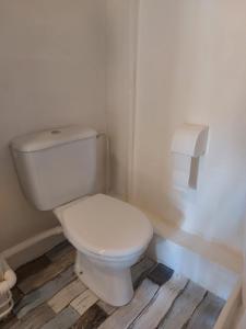 W łazience z drewnianą podłogą znajduje się biała toaleta. w obiekcie La Quiétude w mieście Cotignac