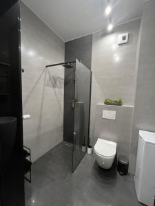 a bathroom with a shower and a toilet at Apartament Nova Klonova in Kielce