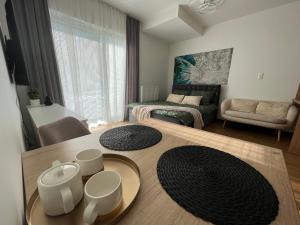 a living room with a table and a couch at Apartament Nova Klonova in Kielce