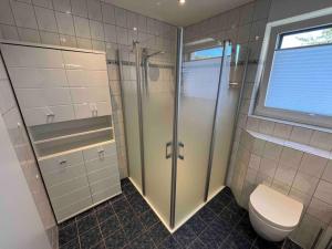 een badkamer met een douche, een toilet en een raam bij Ferienwohnung am Glockensee in Bad Laer
