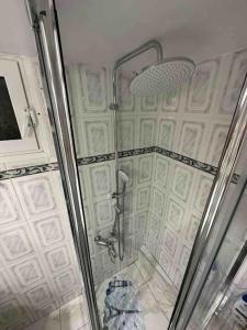 eine Dusche mit Glastür im Bad in der Unterkunft Frankie's House in Athen