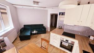 salon z zieloną kanapą w kuchni w obiekcie Apartament Młynarska w mieście Piła