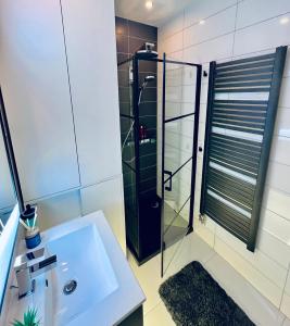 ein Bad mit einer Dusche und einem weißen Waschbecken in der Unterkunft SuiteAngel - Luxury Design Condo with free garage in Budapest