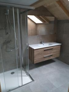 y baño con ducha y lavamanos. en Chalet des Lys - tout confort - 12 personnes, en Valloire