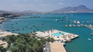 an aerial view of a harbor with boats in the water at Mansa Marina Hotel in Mindelo