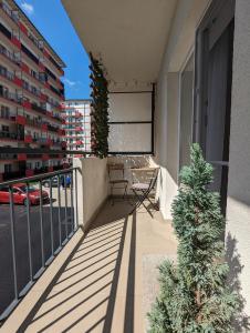 a balcony with two trees and a table and chairs at Apartament Sofia in Sibiu