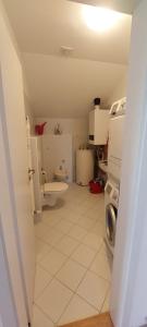 a small bathroom with a toilet and a washing machine at House in beautiful suburb of Prague in Dolní Břežany