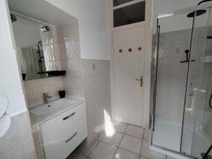 Un baño blanco con ducha y lavabo. en Maison de campagne proche Beauval, en Selles-sur-Cher