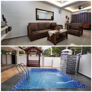 2 Bilder von einem Wohnzimmer und einem Pool in der Unterkunft AliyaRoseMuslim Homestay in Ayer Keroh