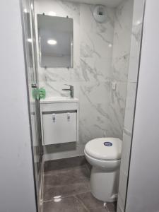a bathroom with a white toilet and a sink at L'auberge de Sucy - Studio Climatisé in Sucy-en-Brie +3 photos