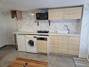uma cozinha com uma máquina de lavar roupa e um lavatório em L'auberge de Sucy em Sucy-en-Brie