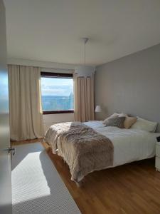 a bedroom with a large bed with a large window at City Apartment Tieva in Rovaniemi