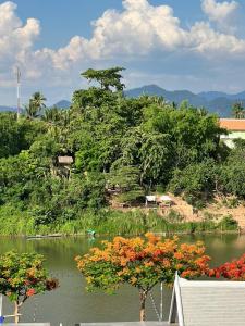 a view of a lake with trees and flowers at Namkhan Riverview Boutique House in Luang Prabang